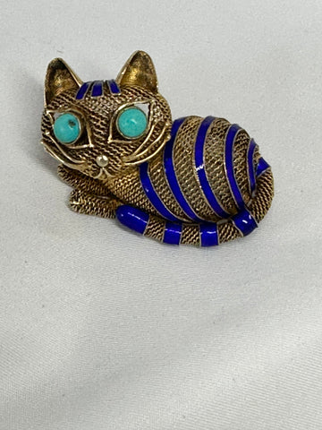 Chinese Gilded Silver Cat Brooch with Enamel Stripes and Turquoise Eyes. 1 3/4"