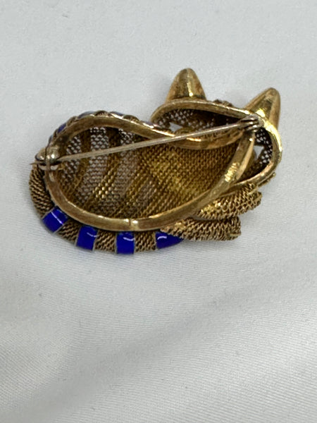 Chinese Gilded Silver Cat Brooch with Enamel Stripes and Turquoise Eyes. 1 3/4"