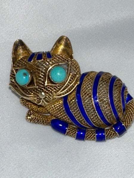 Chinese Gilded Silver Cat Brooch with Enamel Stripes and Turquoise Eyes. 1 3/4"