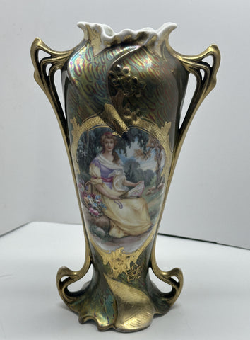 Art Nouveau Royal Vienna Vase. Portrait of Woman. Green and Gold Ground. 9"
