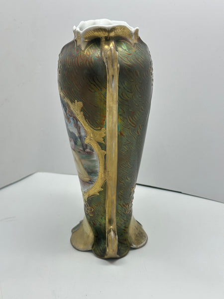 Art Nouveau Royal Vienna Vase. Portrait of Woman. Green and Gold Ground. 9"