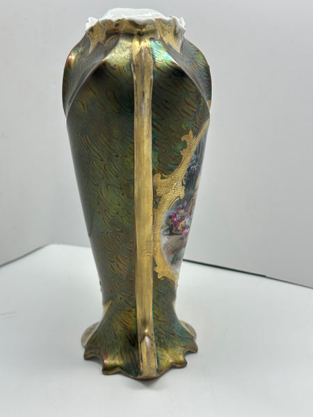 Art Nouveau Royal Vienna Vase. Portrait of Woman. Green and Gold Ground. 9"