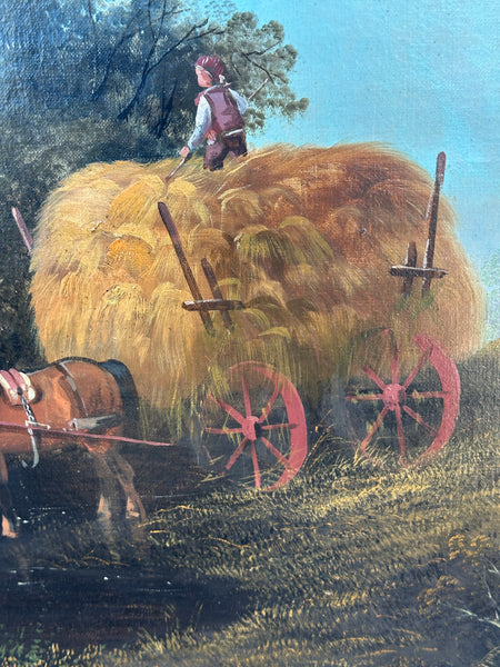 Original Oil Painting on Canvas. Hay Wagon in Landscape. 19th Century