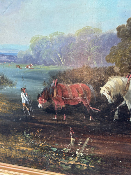 Original Oil Painting on Canvas. Hay Wagon in Landscape. 19th Century