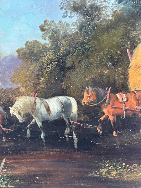 Original Oil Painting on Canvas. Hay Wagon in Landscape. 19th Century