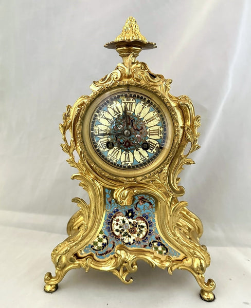 French Ormolu and Champleve Mantle Clock. Enamel Dial, Roman Numerals Circa 1890