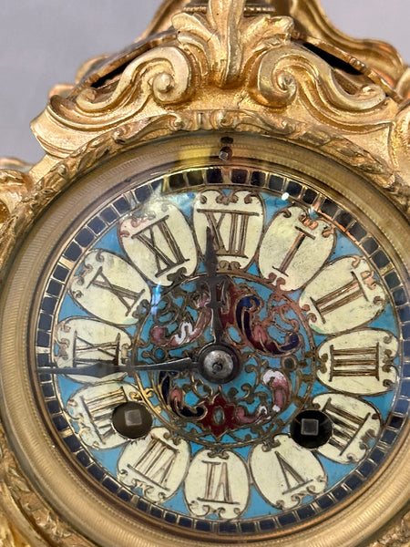 French Ormolu and Champleve Mantle Clock. Enamel Dial, Roman Numerals Circa 1890