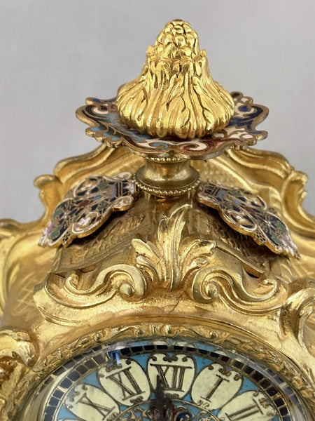 French Ormolu and Champleve Mantle Clock. Enamel Dial, Roman Numerals Circa 1890