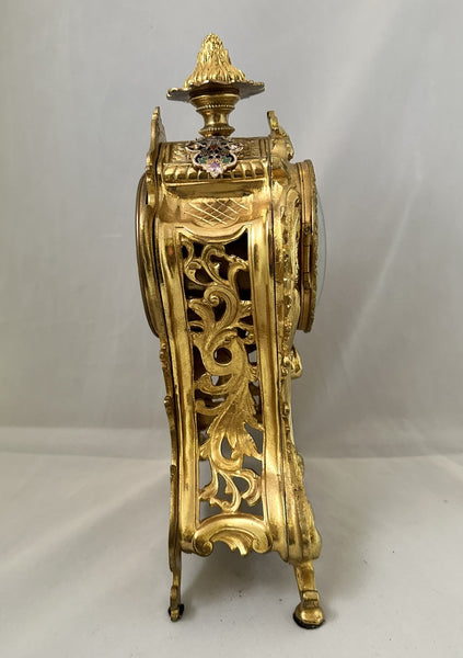 French Ormolu and Champleve Mantle Clock. Enamel Dial, Roman Numerals Circa 1890