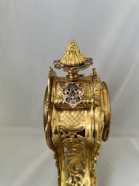 French Ormolu and Champleve Mantle Clock. Enamel Dial, Roman Numerals Circa 1890