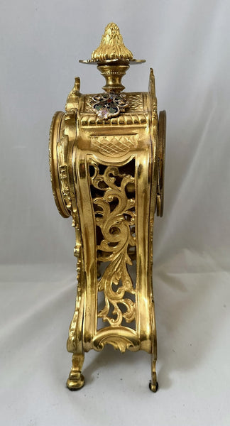 French Ormolu and Champleve Mantle Clock. Enamel Dial, Roman Numerals Circa 1890