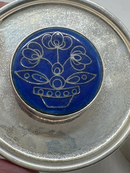 Circular Box. Old Newbury Crafters Sterling with Cloisonne-Style Enamel Top.
