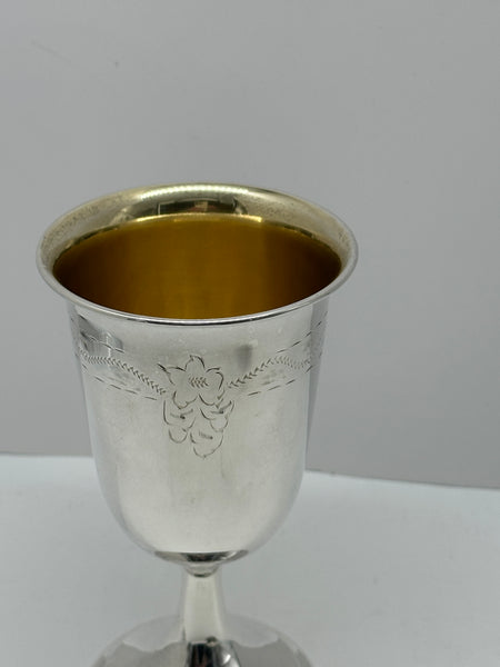 Kiddush Cup Goblet by Grand Sterling. Engraved Hebrew and Floral Motif. 6 1/4"