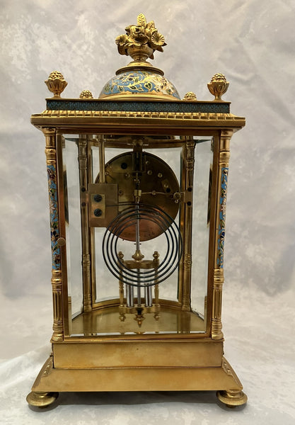 French Crystal Regulator Clock. Brass and Cloisonne. Late 19th C