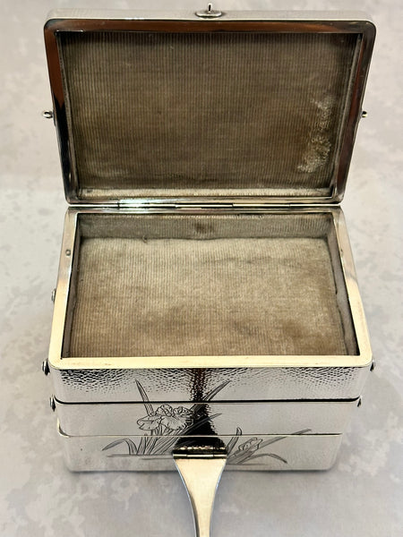 Three Section Jewelry Box. Japanese 999 Silver. Ashai Shoten Maker Mark. Iris