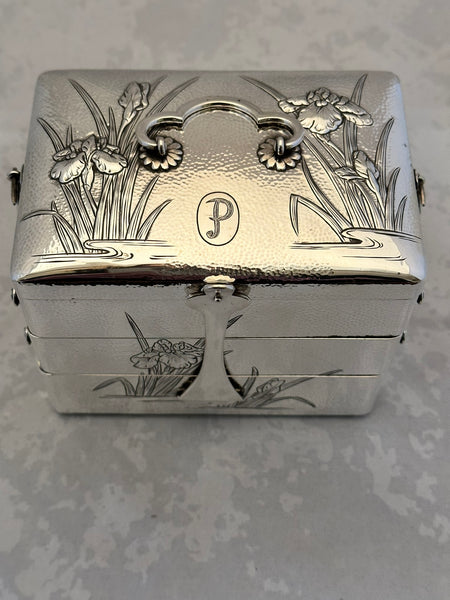 Three Section Jewelry Box. Japanese 999 Silver. Ashai Shoten Maker Mark. Iris