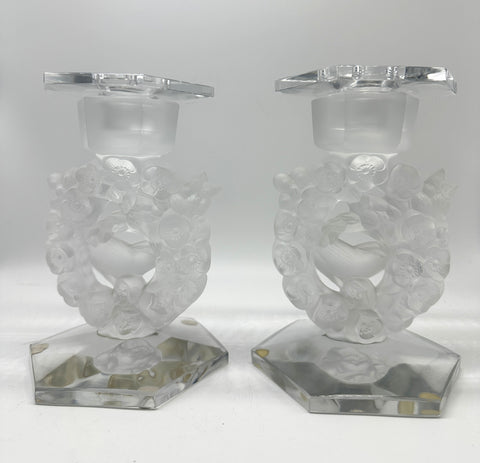 Pair Candlesticks. French Glass. Mesanges Pattern. Clear and Frosted. 7"