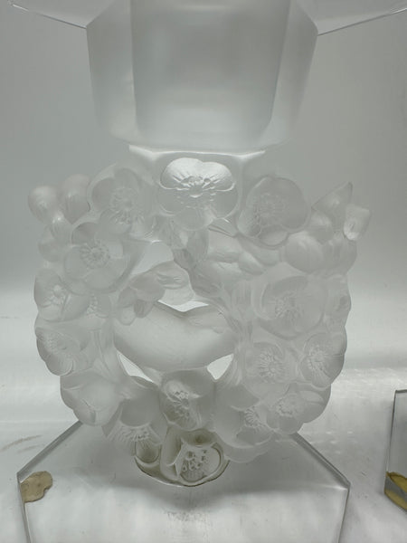 Pair Candlesticks. French Glass. Mesanges Pattern. Clear and Frosted. 7"