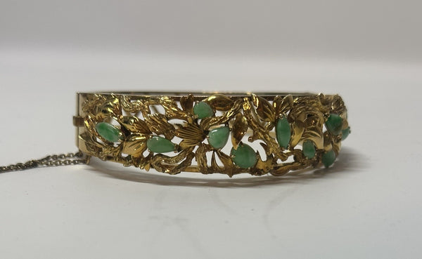 Chinese Bangle Bracelet. 14k Yellow Gold and Jade. Leaf Design.