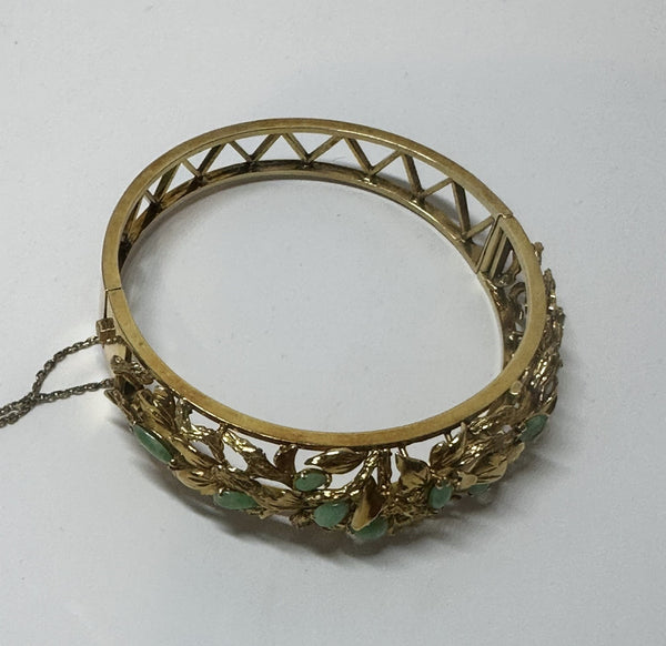 Chinese Bangle Bracelet. 14k Yellow Gold and Jade. Leaf Design.