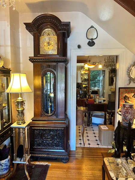 Very Large English Mahogany Grandfather Clock. Lunar Dial. Elliott London