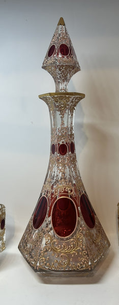 Bohemian Moser Enameled Glass Decanter and Eight Cordials. Clear, Red, Gold