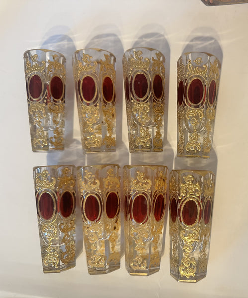 Bohemian Moser Enameled Glass Decanter and Eight Cordials. Clear, Red, Gold