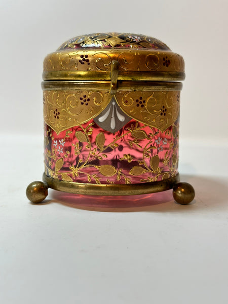 Bohemian Enameled Cranberry Glass Box. Ball Feet, Dome Top. 19th Century 3 1/4"