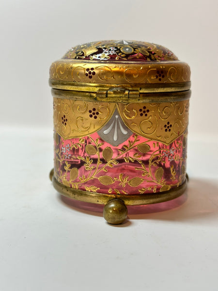 Bohemian Enameled Cranberry Glass Box. Ball Feet, Dome Top. 19th Century 3 1/4"