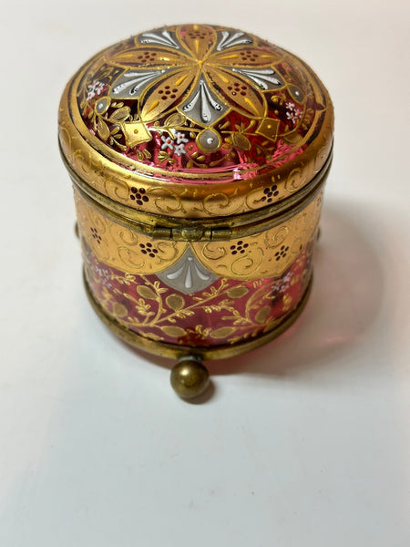 Bohemian Enameled Cranberry Glass Box. Ball Feet, Dome Top. 19th Century 3 1/4"