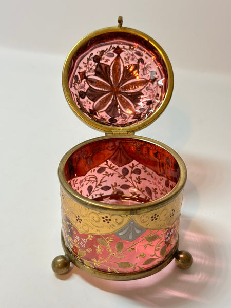 Bohemian Enameled Cranberry Glass Box. Ball Feet, Dome Top. 19th Century 3 1/4"