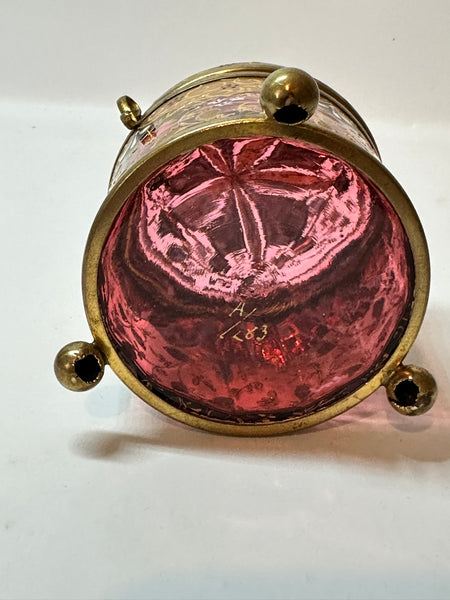 Bohemian Enameled Cranberry Glass Box. Ball Feet, Dome Top. 19th Century 3 1/4"