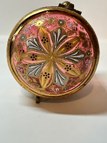 Bohemian Enameled Cranberry Glass Box. Ball Feet, Dome Top. 19th Century 3 1/4"