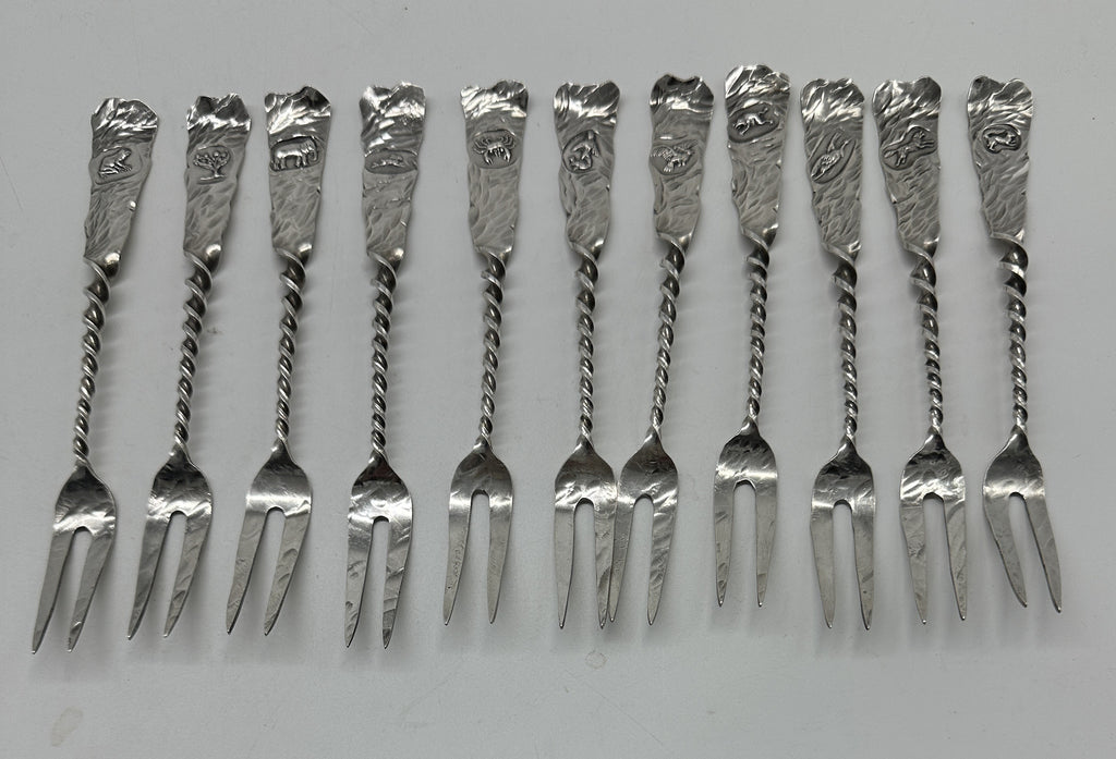 11 Cocktail Forks. Gorham Hamburg Sterling Silver. Various Animals. c.1880. 6"