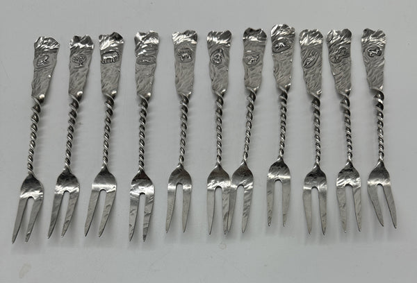 11 Cocktail Forks. Gorham Hamburg Sterling Silver. Various Animals. c.1880. 6"
