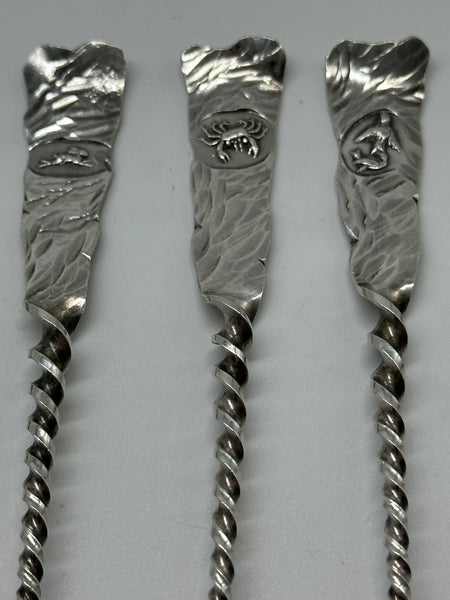 11 Cocktail Forks. Gorham Hamburg Sterling Silver. Various Animals. c.1880. 6"