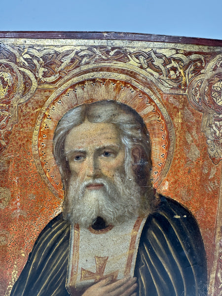 Russian Icon. Painted on Wood Panel. St. Seraphim. Ornate Border. 19th Century