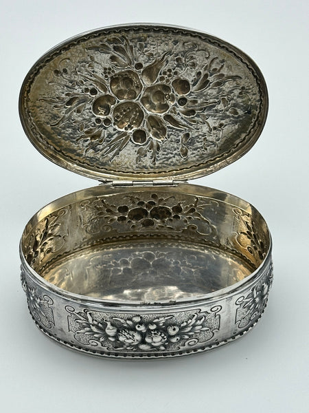 German 800 Silver Repousse Box. Fruits and Leaves. Circa 1890. 5 1/4" x 3 1/2"