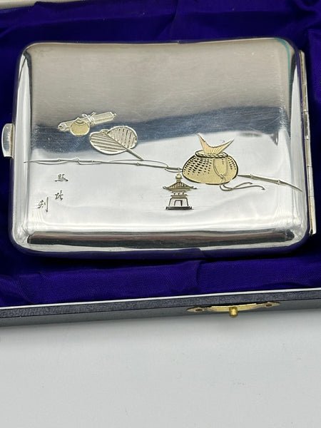 Vintage Japanese 950 Silver Cigarette Case and Lighter in Fitted Case. Signed