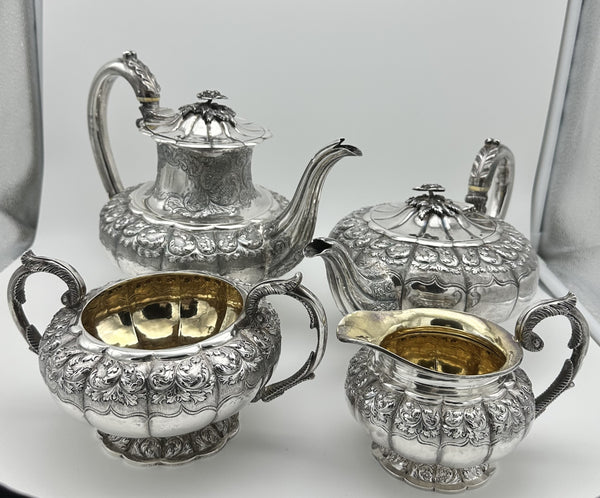 Georgian George IV Four Piece Tea Set English Sterling London 1828. Rose Finial