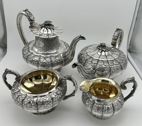 Georgian George IV Four Piece Tea Set English Sterling London 1828. Rose Finial