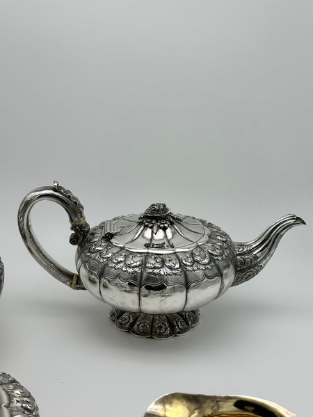 Georgian George IV Four Piece Tea Set English Sterling London 1828. Rose Finial