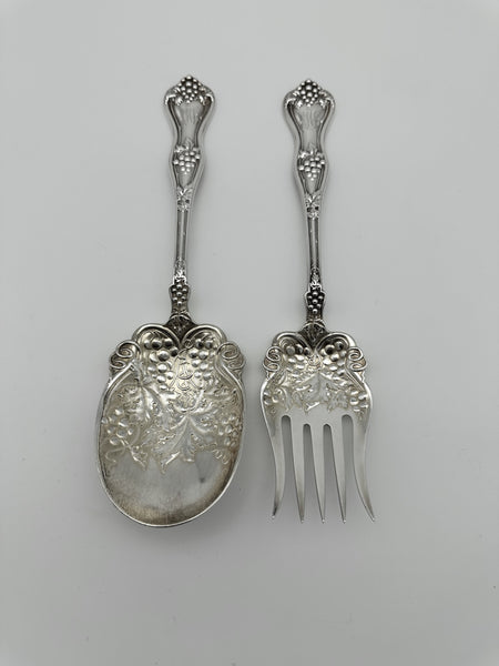 Salad Set. Dominick & Haff Sterling Silver Grape Pattern. Monogram. 8 3/4"