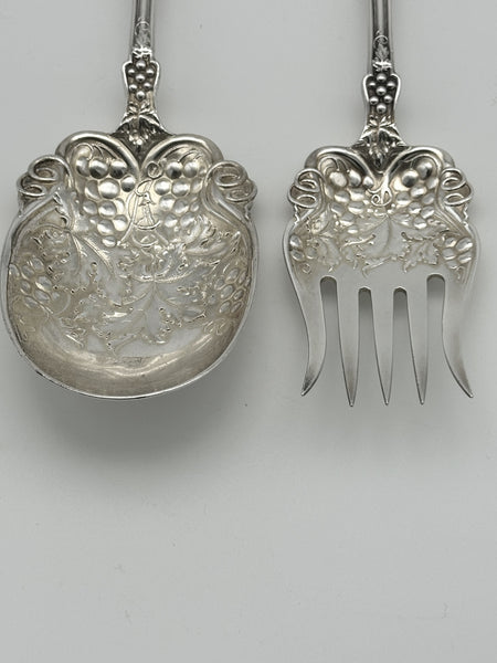 Salad Set. Dominick & Haff Sterling Silver Grape Pattern. Monogram. 8 3/4"