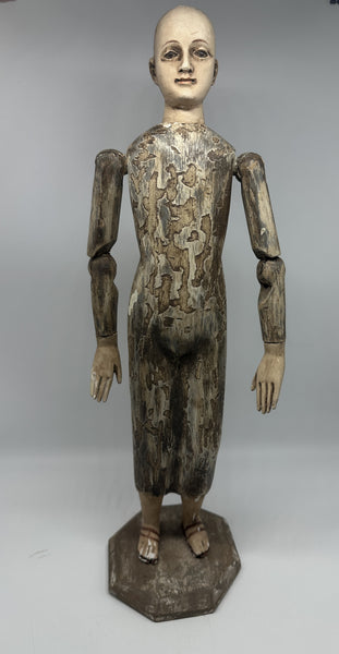 Jointed Santos Figure. Carved Wood and Gesso. 18th/19th Century. 18" H