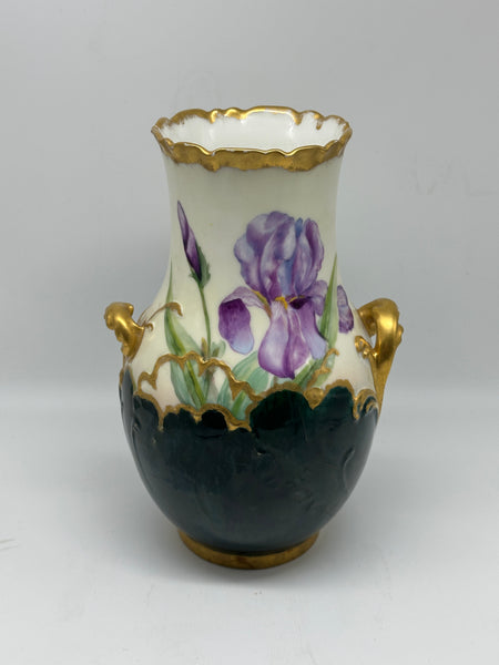French Porcelain Vase. Purple Iris Flowers. H & Co. Limoges. Circa 1880. 8 3/4"