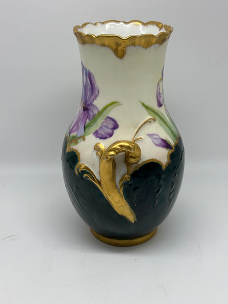 French Porcelain Vase. Purple Iris Flowers. H & Co. Limoges. Circa 1880. 8 3/4"