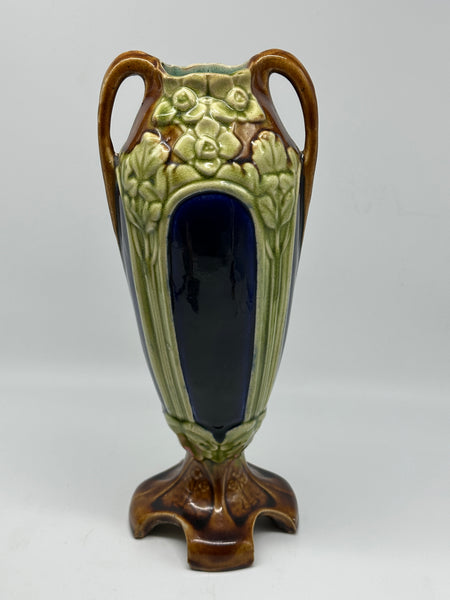 Majolica Vase Handles. Art Nouveau. Brown and Green. Early 20th Century. 10 3/4"