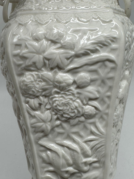 Chinese Blanc d'chine White Porcelain Vase. Circa 1920. Carved and Fitted Stand