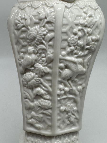 Chinese Blanc d'chine White Porcelain Vase. Circa 1920. Carved and Fitted Stand